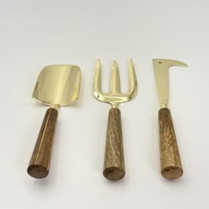Nouveauté : Ensemble d'outils de jardinage en acier inoxydable, 3 pièces, finition dorée avec manche en bois, pour jardinage intérieur et extérieur - Product Image 2