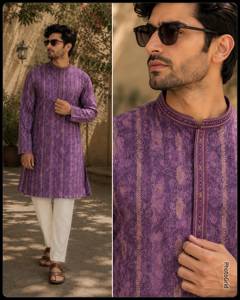<b>Men</b>’s Premium Silk Jacquard Kurta <b>Pajama</b> <b>Set</b> with Fusible Embroidery Patti Work | Raymond Cotton Elastic Waist <b>Pajama</b> | Festive, - Product Image 2