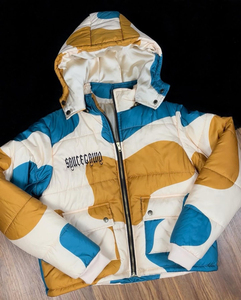 Chaqueta de invierno para hombre con cuello alto de lona, estampado con bloques de color, estilo urbano, gruesa, aislada y de corte ajustado. - Product Image 4