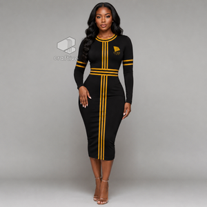 NCBW Women's <b>Black</b> <b>Long</b> <b>Sleeve</b> <b>Bodycon</b> Midi <b>Dress</b> With Golden Stripe Accents Crew Neck Plus Size Slim Fit Casual <b>Dress</b> - Product Image 6
