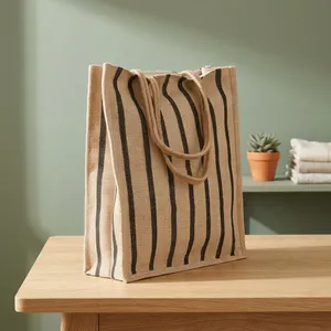 Sac fourre-tout en jute à imprimé géométrique de qualité supérieure, réutilisable et durable, idéal pour le bureau, les déjeuners, le quotidien, les courses et le commerce de détail. - Product Image 2