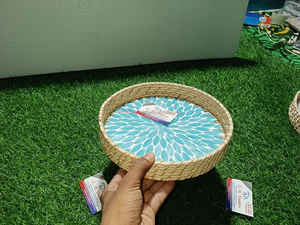 Haosen Plateau Alimentaire Rotin Osier Plateau de Service Affichage Coquillage Incrustation Bois Nacre Décoratif - Product Image 2