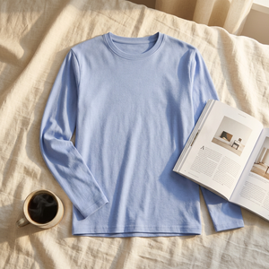 T-shirt unisexe en coton bleu clair à manches longues, uni, teint, pour adultes - Product Image 6