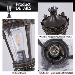 Lanterna da Esterno Vintage Crown 22 Pollici con Paralume in Vetro Trasparente e Base in Metallo Anticato, Lampada da Tavolo Decorativa Impermeabile - Product Image 5