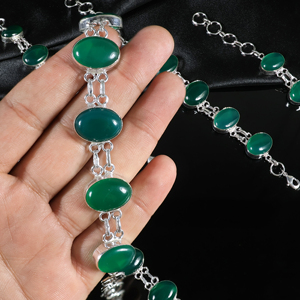 Handmade 925 Sterling Silver Plated Green Chalcedony / Green Onyx Gemstone Multi-<b>Stone</b> Oval Link <b>Bracelet</b> Opaque <b>Stone</b> Jewelry - Product Image 2