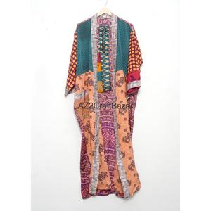 New Arrival 100% Pure Silk Kimono <b>Robe</b> Winter <b>Beach</b> Cover-Up V-Neck Drawstring Closure Full Length Patchwork Pattern Quick Dry - Product Image 1