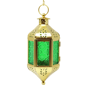 Elegante Farol Colgante Dorado, Portavelas Decorativo de Vidrio Verde, Brillo Festivo - Product Image 1