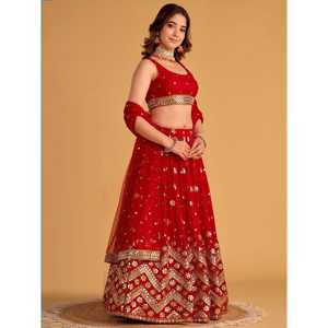 Belle rouge paillettes Georgette Lehenga Choli vêtements de fiançailles élégants pour les mariages - Product Image 5