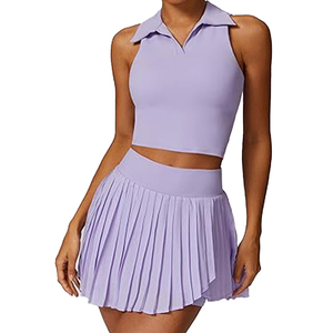 Ensemble de tennis 2 pièces pour femme : Haut court à col halter et jupe-short plissée avec short intégré et poche téléphone – Tenue de sport respirante OEM - Product Image 6