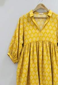 Robe mi-longue formelle à col en V, 100% coton, imprimée à la main, écologique, respirante, à manches bouffantes, motif floral, taille naturelle, tie-dye, coupe trapèze - Product Image 2