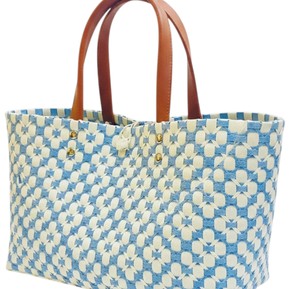 Wholesale Blue And White Floral Pattern Handmade <b>Bag</b> And Handbag With Brown Leather Handles For Summer <b>Beach</b> - Product Image 2