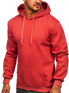 Men's Red Hooded Sweatshirt Regular Fit Solid Color Casual Fleece Hoodie with Front Pocket Knitted Cotton Autumn Wear - Product Image 4