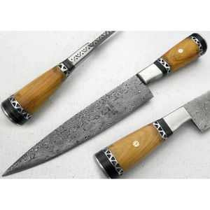 Couteau de chef moderne personnalisé fait main Burraq, lame en acier Damas de 7 pouces, épaisseur 3,0 mm, manche en bois, étui en cuir - Product Image 1
