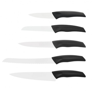 Ensemble de couteaux de cuisine modernes en acier inoxydable 5 pièces avec manches ergonomiques noirs, bloc de rangement blanc, lames de coupe aiguisées - Product Image 2