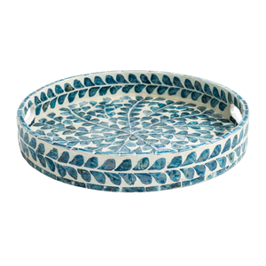 Bandeja de servir redonda de lujo con motivos de viñas en color verde azulado y nácar, exquisita bandeja de mosaico para servir bebidas otomanas, fabricada en Vietnam. - Product Image 3