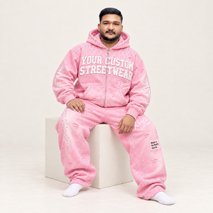 Conjunto Deportivo Estilo Urbano Color Rosa Bebé para Hombre, Sudadera con Cierre y Pantalones Holgados, Ropa de Otoño, Etiqueta Personalizada - Product Image 3