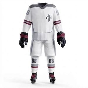 Conjunto de Uniforme de Hockey sobre Hielo para Hombre, Blanco con Gris y Marrón, Impresión por Sublimación, Cuello en V, Manga Larga, 100% Poliéster - Product Image 2