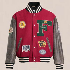 Found Men's Red Varsity <b>Jacket</b> With Embroidered <b>Patches</b> And Leather Sleeves Preppy Style Autumn Wear - Product Image 1