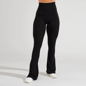High Waist Flared Leg <b>Yoga</b> <b>Leggings</b> Full Length Solid <b>Black</b> Spandex Nylon Seamless Four-Way Stretch Elastic Waist - Product Image 1