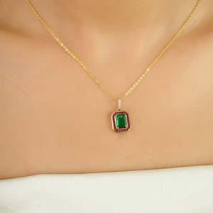 18K Gold Oval & Pear Cut <b>Emerald</b> Halo Ruby <b>Pendant</b> with Diamonds in PT950 - Product Image 5