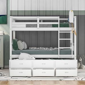 Letto a castello in legno bianco con due letti singoli, letto estraibile e cassetti - Prodotto per camere dei bambini - Product Image 2