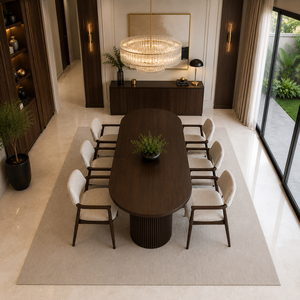 Ensemble de salle à manger contemporain en teck Milano, table ovale de qualité supérieure, base cylindrique à lattes, 6 chaises rembourrées, restaurant, hôtel - Product Image 6