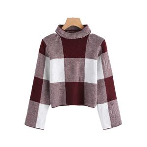 Venta directa de fábrica de las mujeres de manga larga de cuello alto Plaid Crop Sweater Pullover - Product Image 1