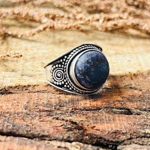 Vintage Boho Tribal Blue <b>Lapis</b> <b>Lazuli</b> Brass Men's <b>Ring</b> Silver Plated Finish Ethnic Signet Band for Engagement Wedding Gift - Product Image 4