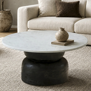 Socle cylindrique moderne en bois de manguier, finition noire texturée, dessus rond en marbre blanc, table basse pour salon - Product Image 4