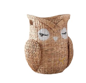 Handwoven Water Hyacinth Owl <b>Basket</b> Cute Woodland Toy Storage <b>Hamper</b> Open Top Decorative Nursery Laundry Bin - Product Image 1
