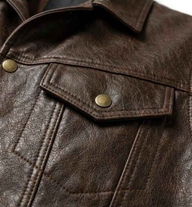Chaleco sin mangas de cuero genuino para hombre, cuello vuelto, cierre de botones, estilo motociclista, ropa exterior de otoño - Product Image 5