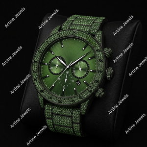 Reloj de hombre Green Stone Iced Out con esfera oscura, cronógrafo, indicador de fecha, reloj de lujo para fiestas. - Product Image 2