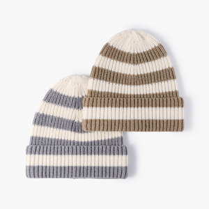 Unisex Striped Knit Beanie Hat 100% Acrylic Cuffed <b>Winter</b> <b>Cap</b> Casual Style for Adults Olive and Cream Color - Product Image 6
