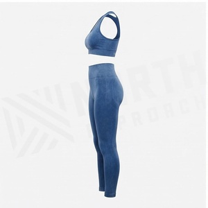 North Approach 2 Piece Yoga Set Racerback <b>Crop</b> <b>Top</b> Full Length Leggings Solid <b>Blue</b> Breathable Seamless Women's Sportswear - Product Image 3
