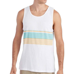 Men's <b>White</b> Sleeveless <b>Tank</b> <b>Top</b> With Turquoise And Beige Striped Pattern O-Neck Casual Wear 100% Cotton Breathable Knitted Style - Product Image 4