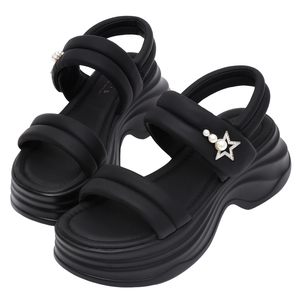 Sandalias de Plataforma con Tacón Grueso Ann's Negras y Crema con Decoración de Perlas, Estrellas y Diamantes de Imitación, Punta Abierta, Tiras de PU para Verano - Product Image 1