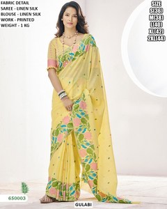 Sari de lino y seda amarillo Gulabi con blusa con estampado floral, corte regular, largo hasta el suelo, estilo tradicional para mujer, ropa de verano. - Product Image 1
