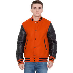 Chaqueta Varsity Personalizada con Logotipo, Color Naranja y Negro, Cuerpo de Lana, Mangas de Cuero Vacuno Genuino, Cuello Alto, Diseño Invernal - Product Image 1