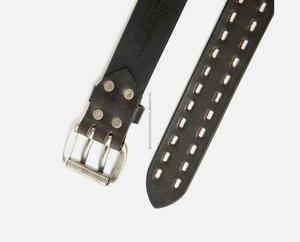 Heavy Duty Black Rugged Leather Casual Belt for men with full hand <b>punched</b> and double <b>pin</b> antique silver brass buckle Men's belt - Product Image 6