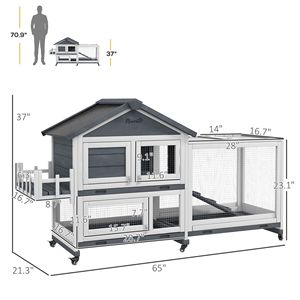 Lussuosa Conigliera in Legno Grigio da 65 Pollici con Ampio Recinto e Tetto Apribile per Conigli di Taglia Media e Piccoli Animali - Product Image 3