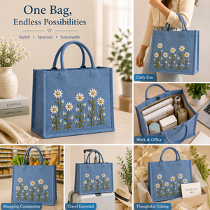Bolso Tote Azul de Yute Estilo Bohemio con Bordado de Margaritas, Abertura Superior para Playa, Viajes y Uso Diario - Product Image 4