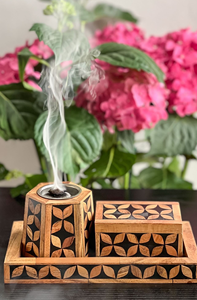 Wholesale Floral Inlay Wood Incense Burner Set Bulk Luxury Mango Wood Bakhoor Censer with <b>Matching</b> Storage <b>Box</b> and Serving Tray - Product Image 2