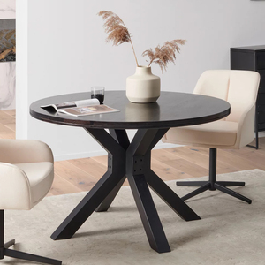 Table de salle à manger moderne en bois massif de manguier noir mat, style européen, avec plateau rond et base en X, pour la maison, la cuisine ou le restaurant - Product Image 2