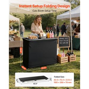 Table de bar pliante portable 43,5x15,4x39,8 po avec sac de transport, 2 étagères amovibles et jupe de protection, installation rapide - Product Image 2