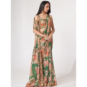 Saree attrayant à imprimé floral vert en organza avec chemisier - Product Image 6