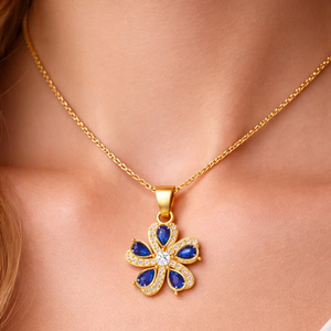 Pendentif fleur en argent sterling 925 plaqué or 18 carats avec pierre précieuse saphir, bijoux floraux faits à la main - Product Image 1