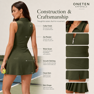 Vestido de tenis para mujer con cuello mandarín, sin mangas, cremallera frontal, falda acampanada, elástico deportivo, color liso, para cancha, con logo personalizado - Product Image 2