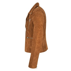 Women's Brown <b>Suede</b> Moto <b>Jacket</b> Turn-down Collar Full Sleeve Zipper Closure Autumn Style Sample Service Available - Product Image 2