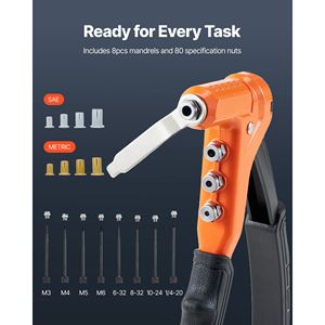 Kit di utensili Rivnut da 9 pollici per uso con una mano, con 8 mandrini e punta a gradini per 80 dadi (metrici e SAE) - Product Image 2