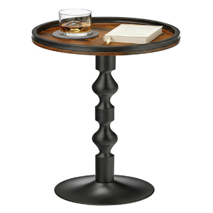 Mesa Auxiliar Redonda Industrial de Metal Negro y Madera Oscura, Mesa para Bebidas con Tapa Rústica, Mesa Auxiliar Martini para Sala de Estar - Product Image 1